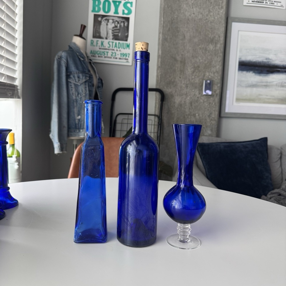 Vintage Cobalt Blue Glass Bottles Bud Vases Decorative Lot of 3